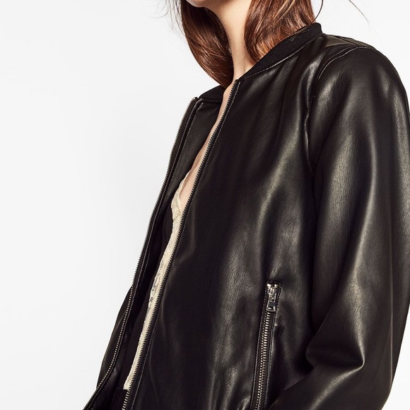ZARA Black Faux Leather Full Zip Bomber Jacket - Picture 2 of 16